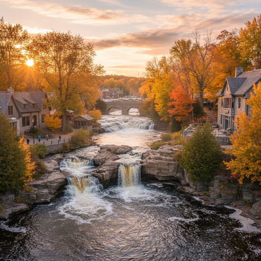 Bracebridge Falls cascading through the centre of downtown Bracebridge