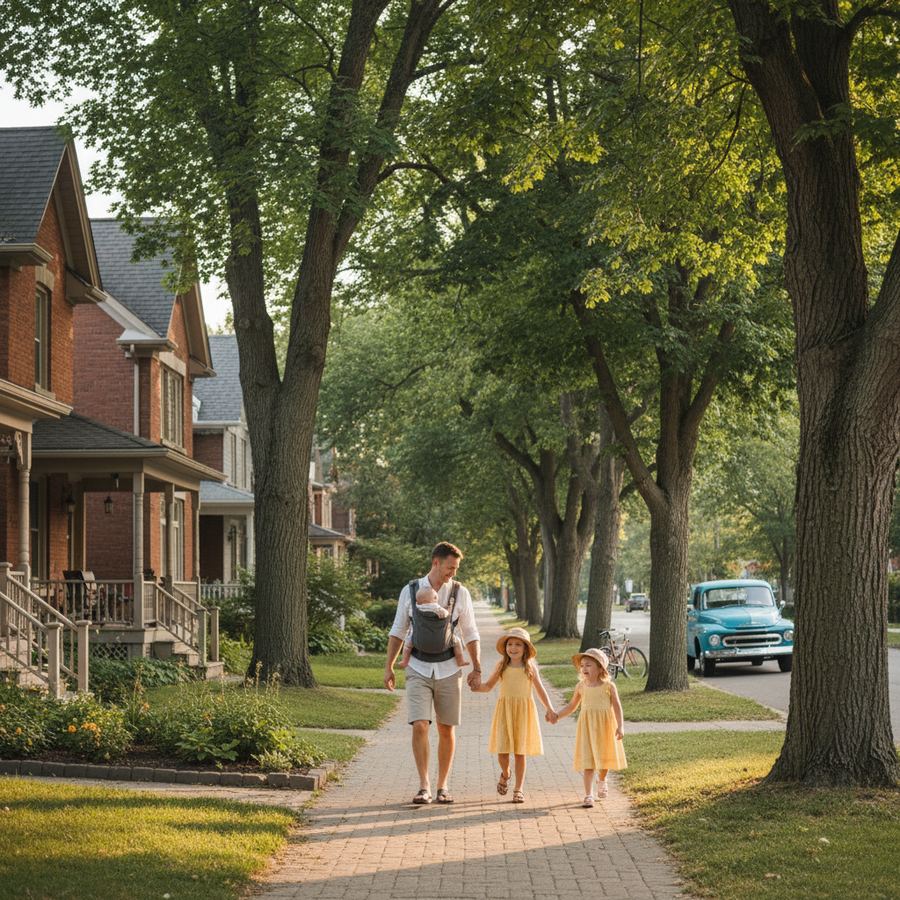 A family walking along a small-town Ontario sidewalk in autumn