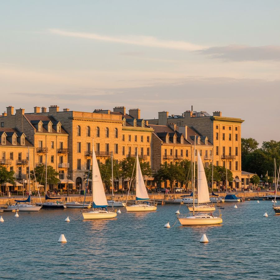 Kingston waterfront and City Hall with Lake Ontario and the Thousand Islands in the background