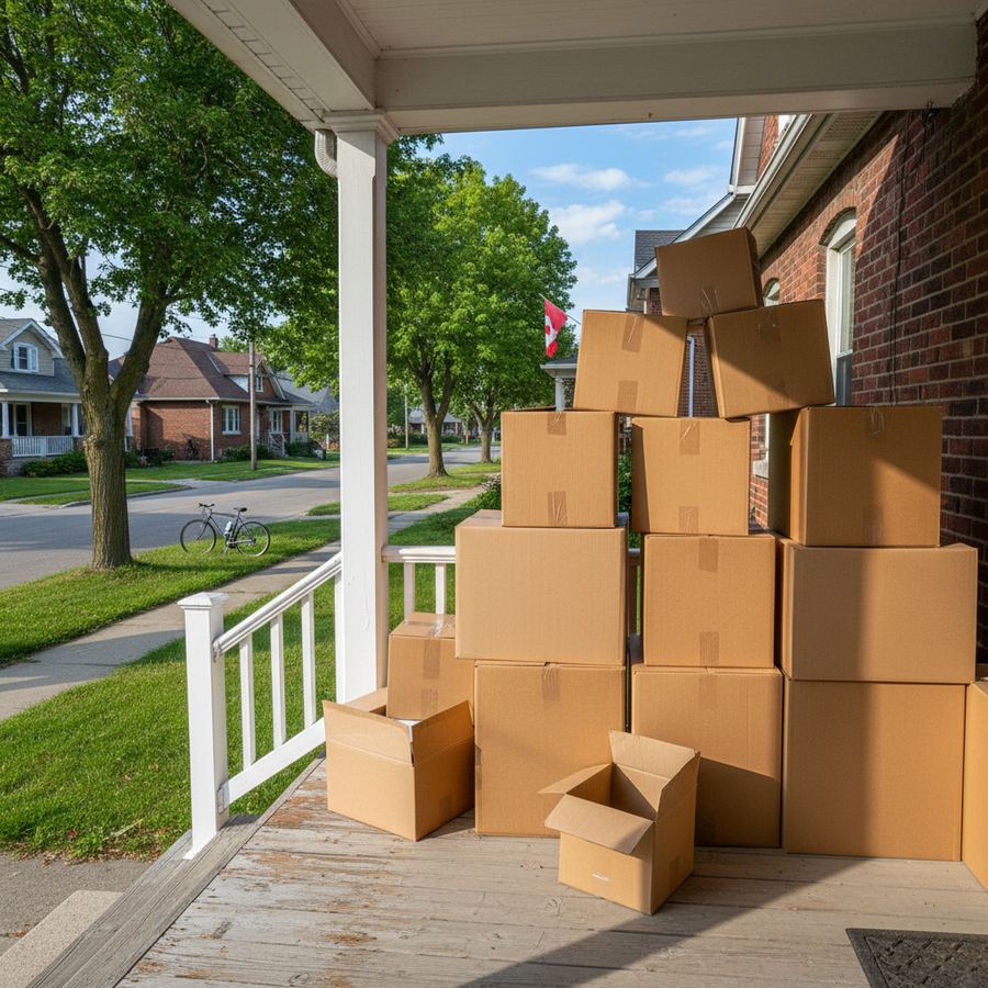 Moving boxes stacked on the porch of a small-town Ontario house