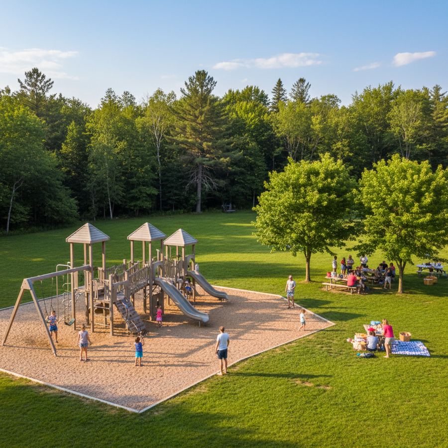 A family walking through a park in an Ontario town