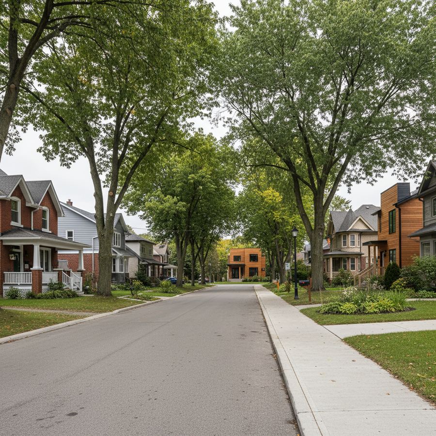 Residential street with mature trees in an Ontario town