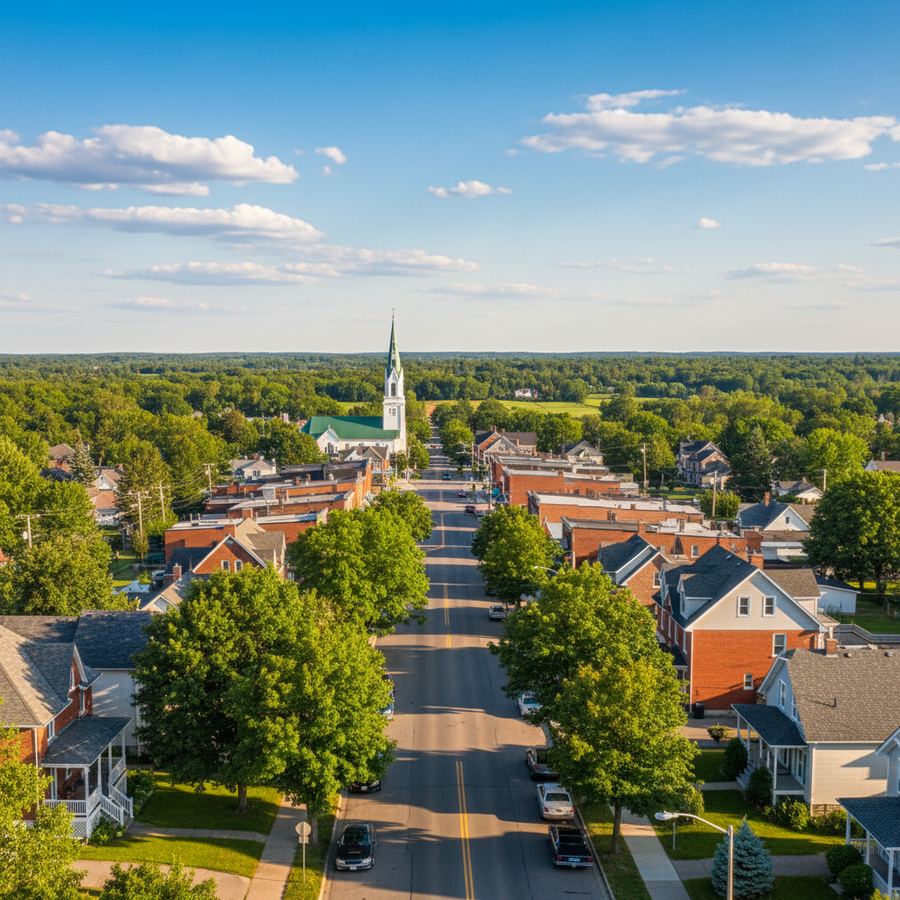 A tree-lined main street in a small Ontario town