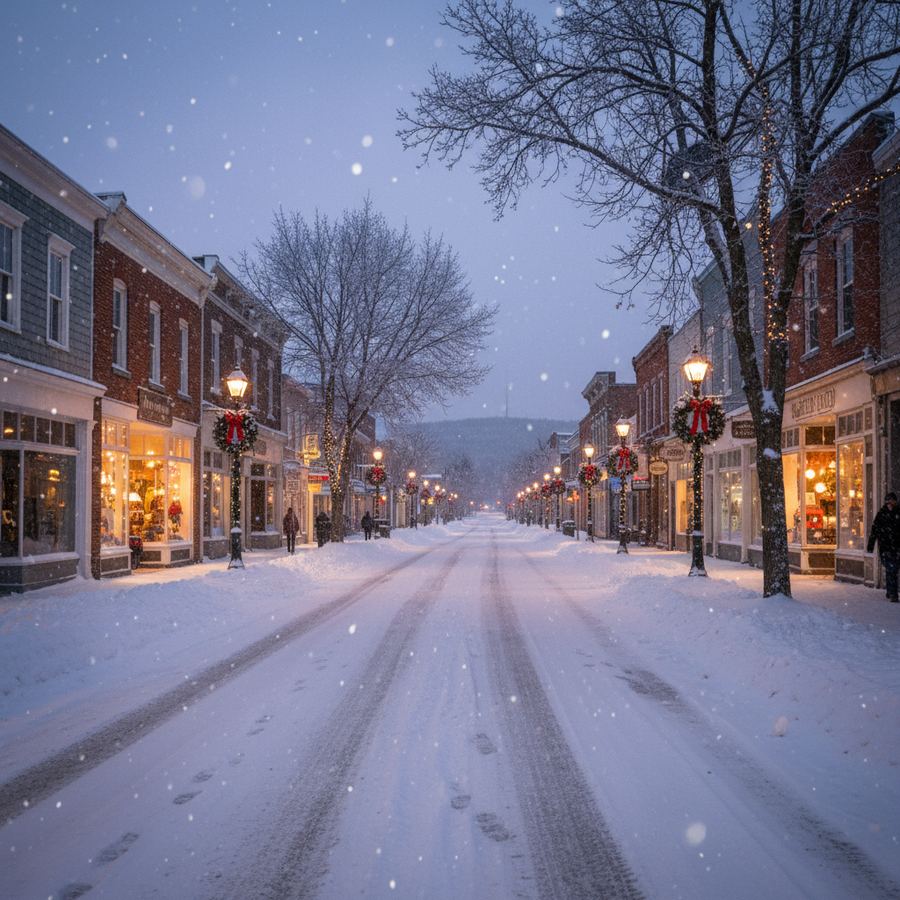 Snow-covered street in an Ontario town during winter