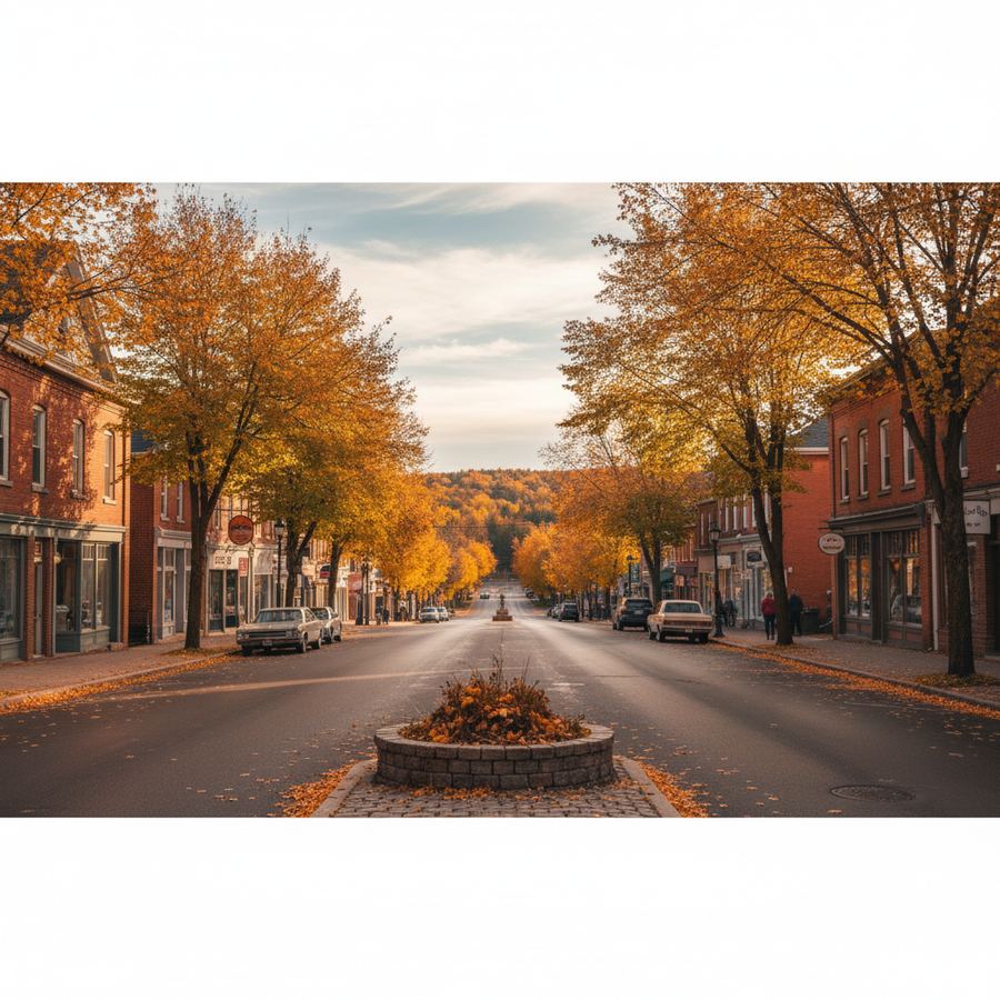 Broadway streetscape in downtown Orangeville with shops and heritage buildings