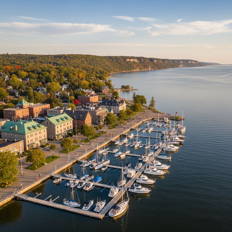 Owen Sound harbour with boats docked along the waterfront