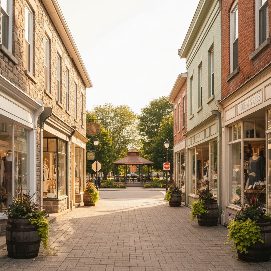Main Street in downtown Picton with independent shops and the county courthouse in the background
