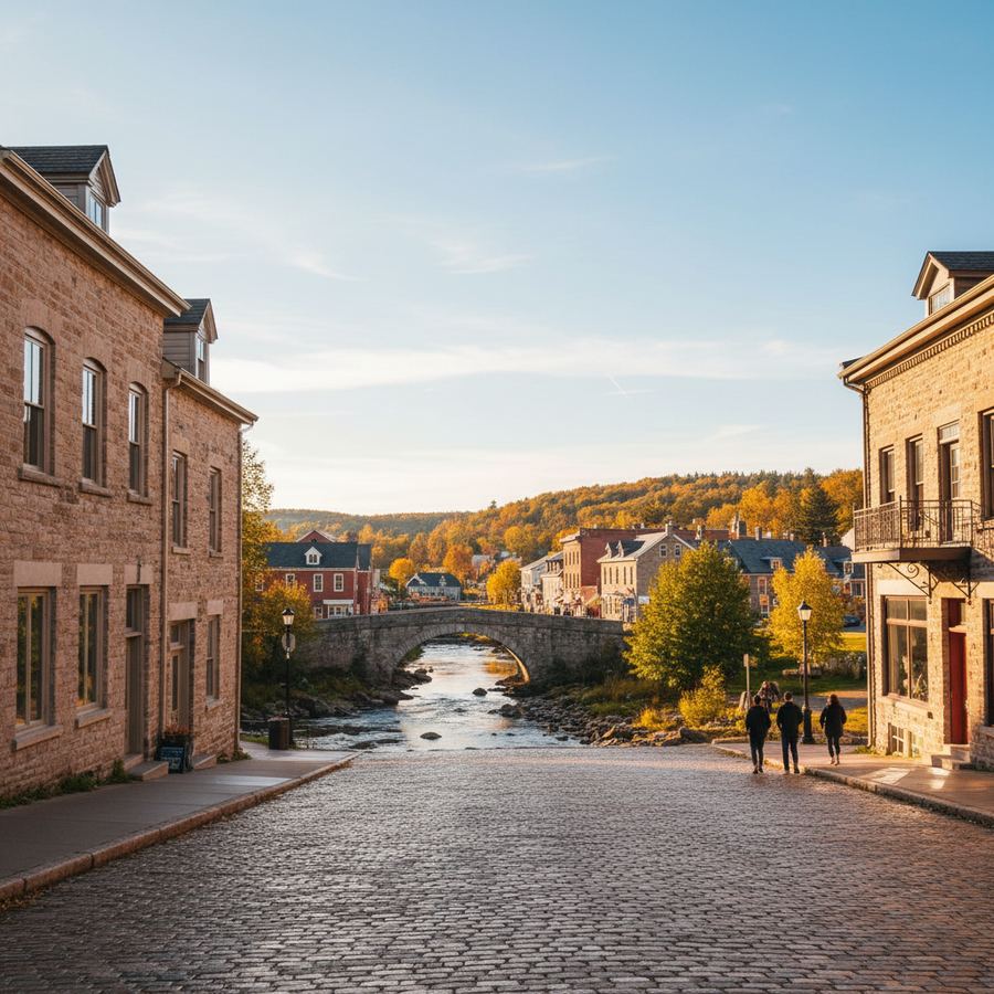 Heritage buildings along Walton Street in downtown Port Hope with the Ganaraska River in view