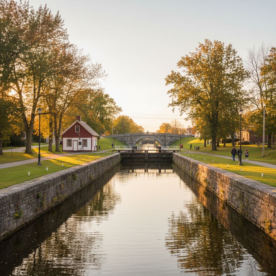 The Rideau Canal running through Smiths Falls with lock stations and greenery along the banks