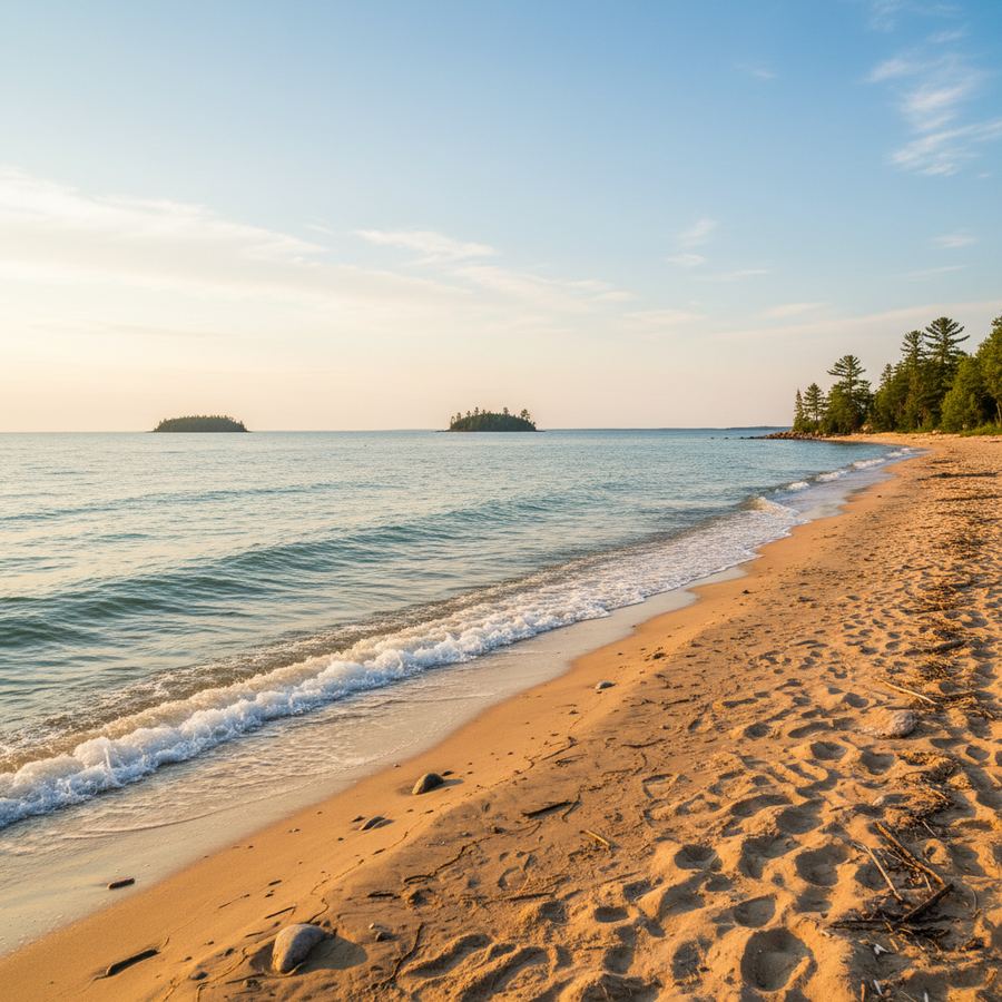 Sandy shoreline of Wasaga Beach stretching along Georgian Bay on a summer day